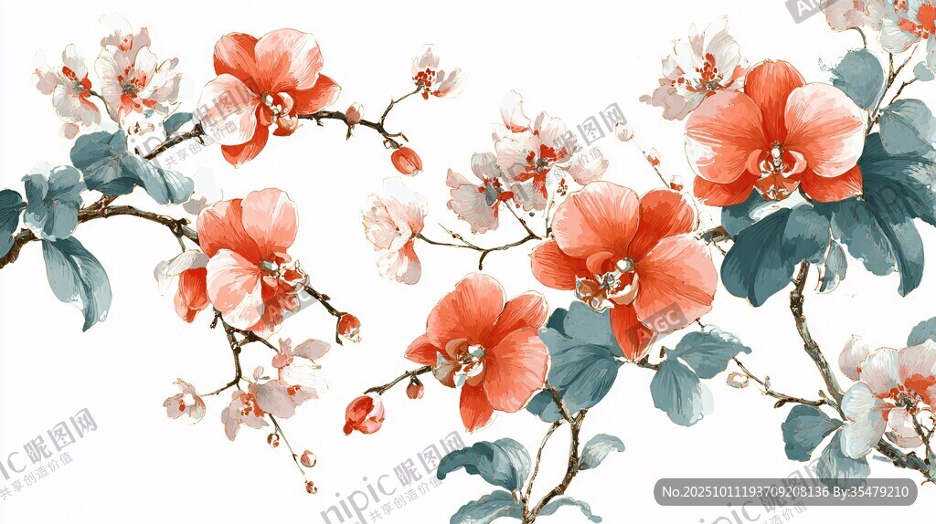 手绘橘色花卉枝叶图案