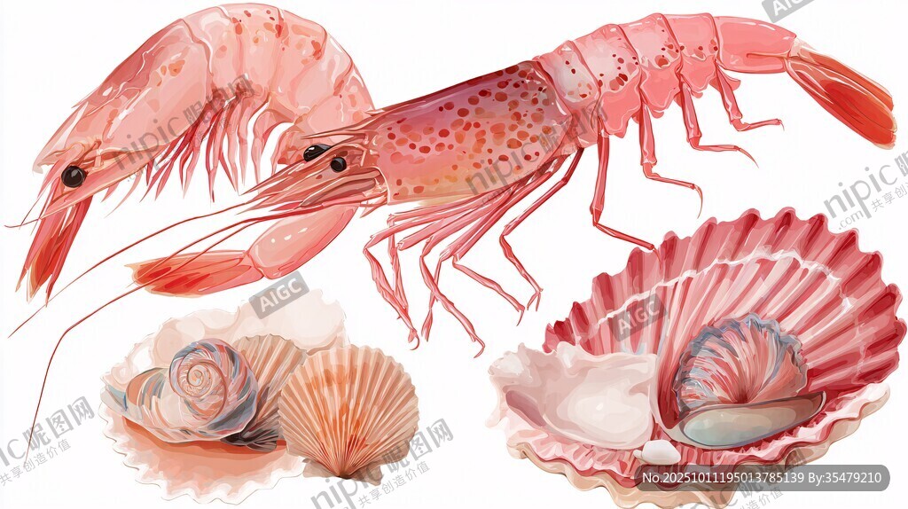 鲜虾与贝壳的水彩插画