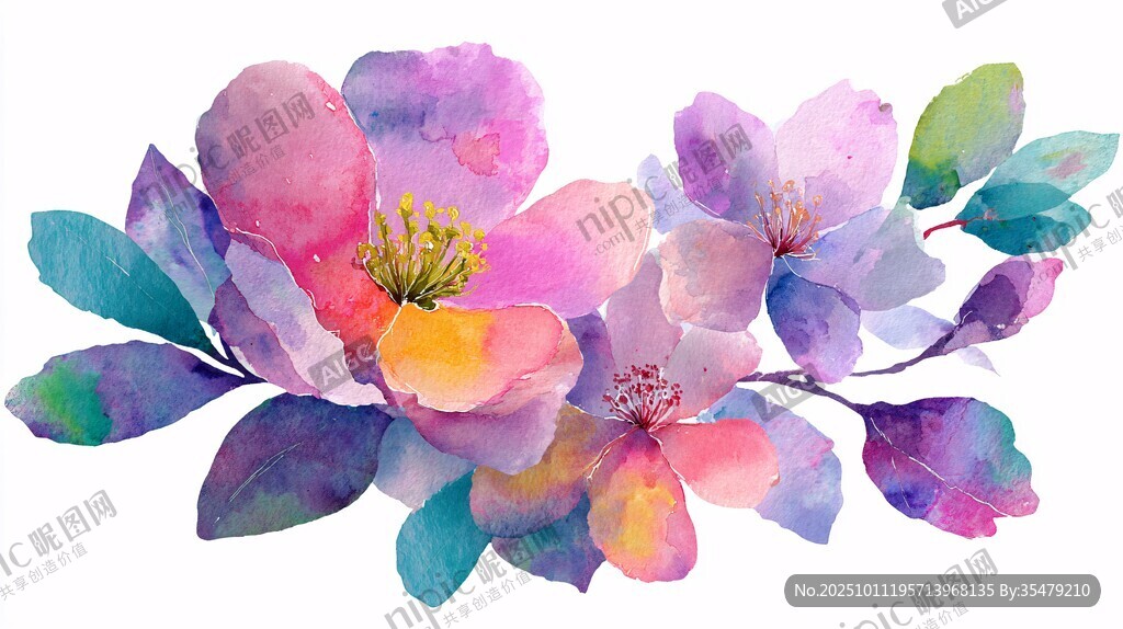 水彩花卉插画 绚丽花朵
