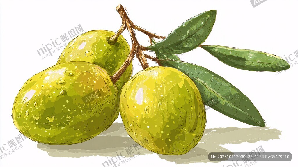 鲜绿橄榄带叶插画图