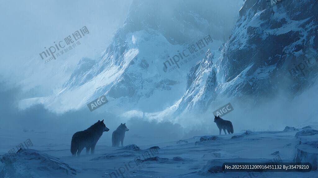 雪野中的狼群与巍峨雪山