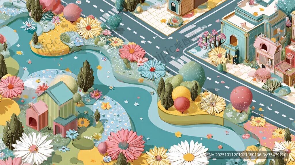 梦幻多彩卡通城市景观图