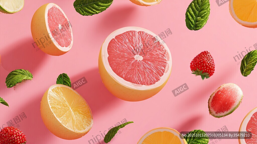 粉色背景上的缤纷水果