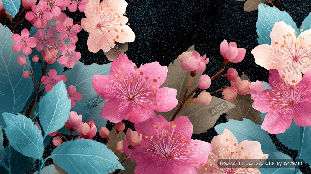 粉色繁花绽放 清新插画