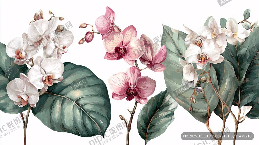 优雅蝴蝶兰与绿叶插画