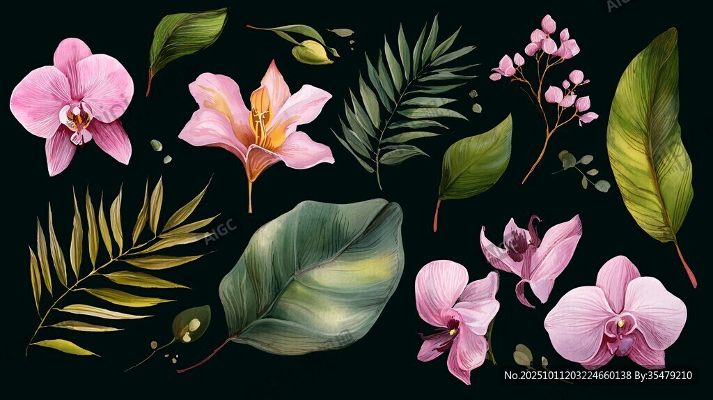 粉色花卉与绿叶插画素材