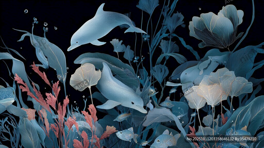 梦幻海底海豚与花卉景观