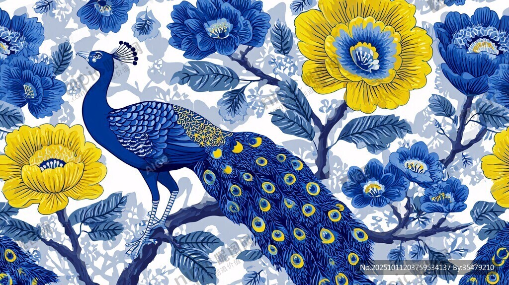 蓝黄花卉间的孔雀图案