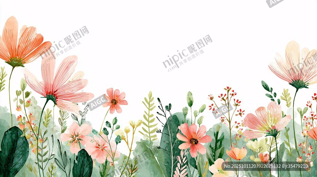 手绘清新花卉植物边界图