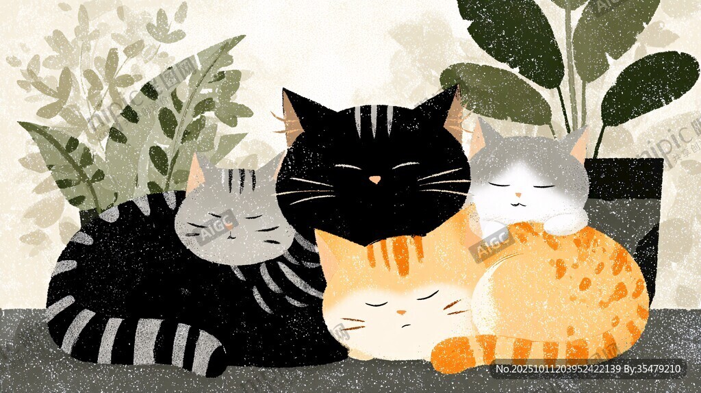四只猫咪依偎的温馨画面