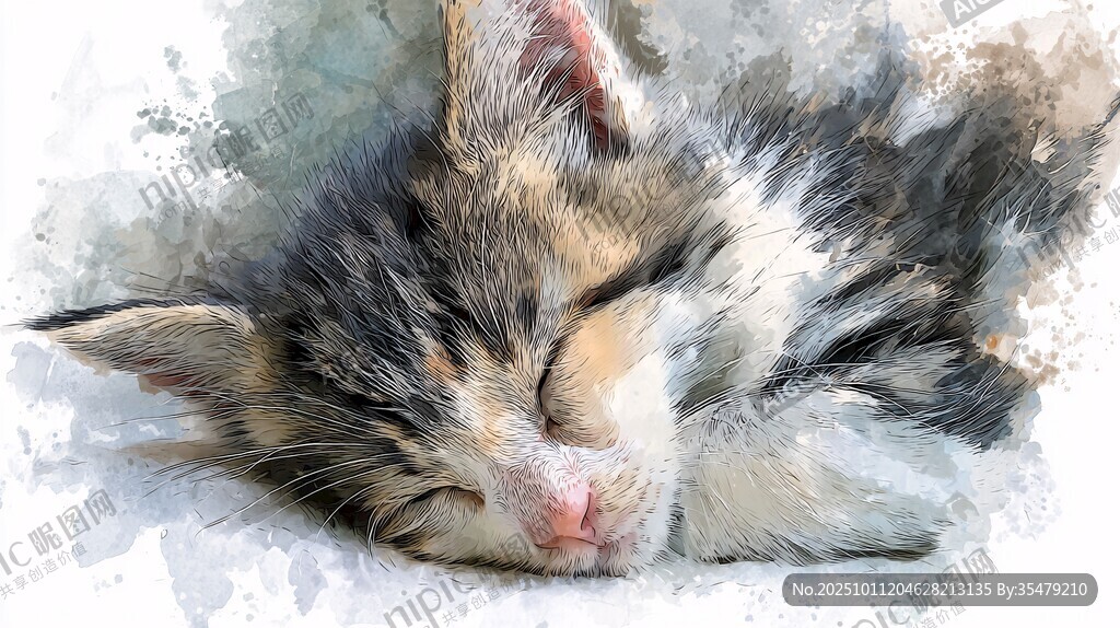 酣睡小猫咪的水彩萌态