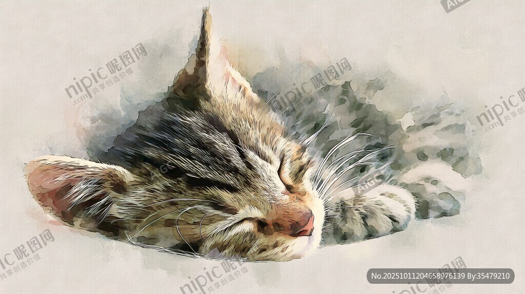 熟睡的小猫咪水彩画