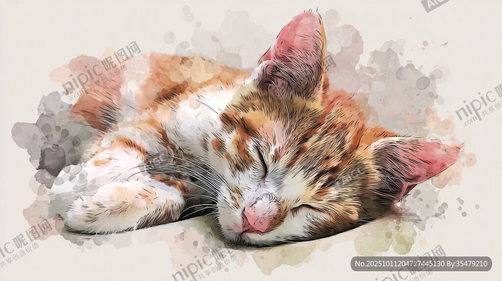 酣睡的水彩小猫