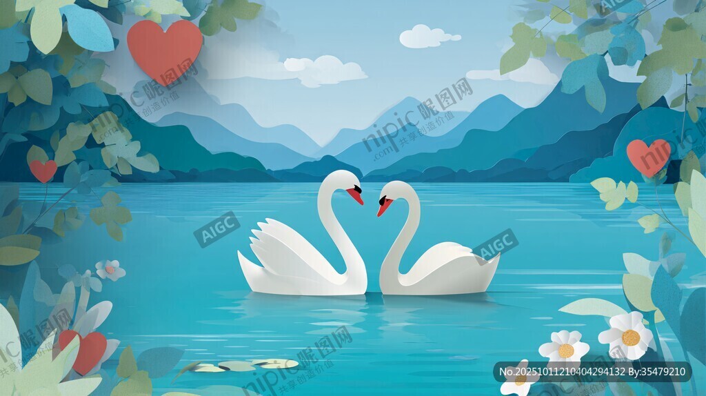 湖畔双天鹅的浪漫景致