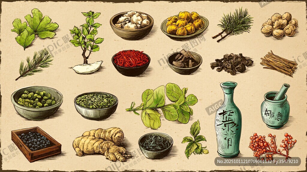 手绘多样香料与草本植物