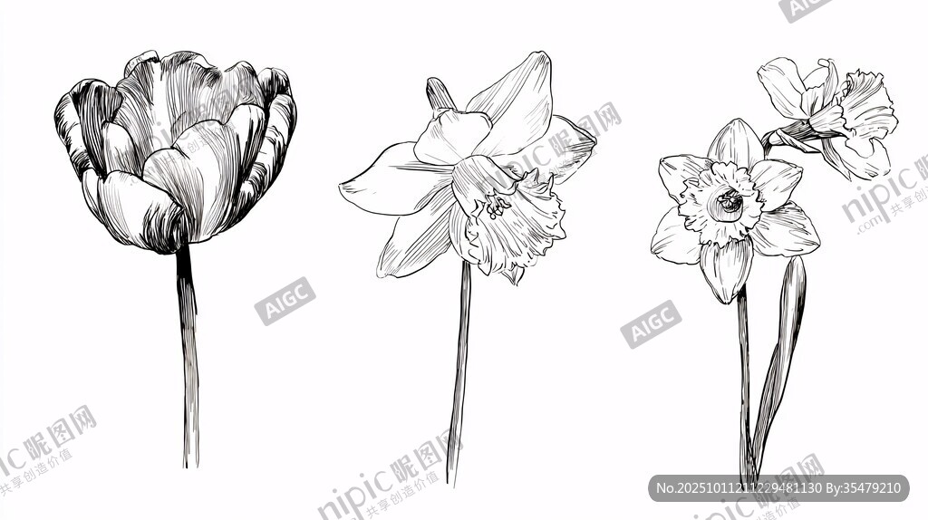 黑白花卉手绘插画