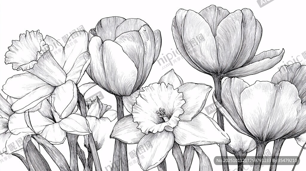 黑白花卉素描图