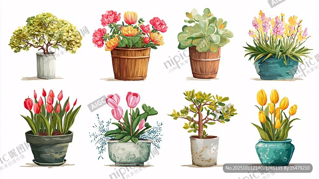 多样盆栽花卉插画展示
