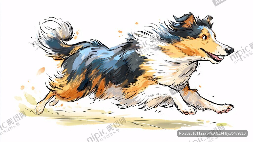 奔跑的三色牧羊犬插画