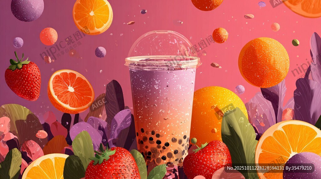 缤纷水果珍珠奶茶插画