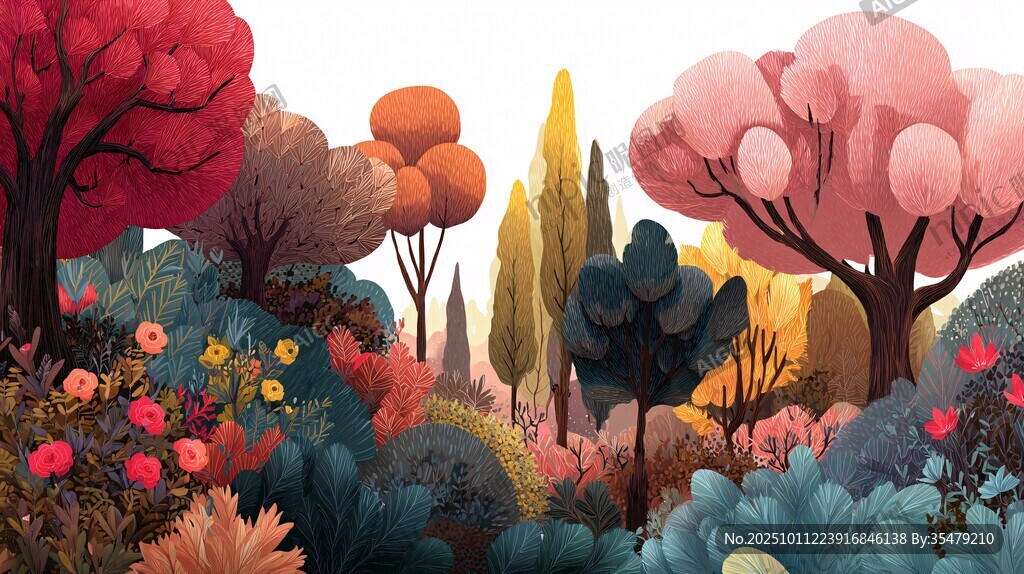 梦幻多彩森林景观插画
