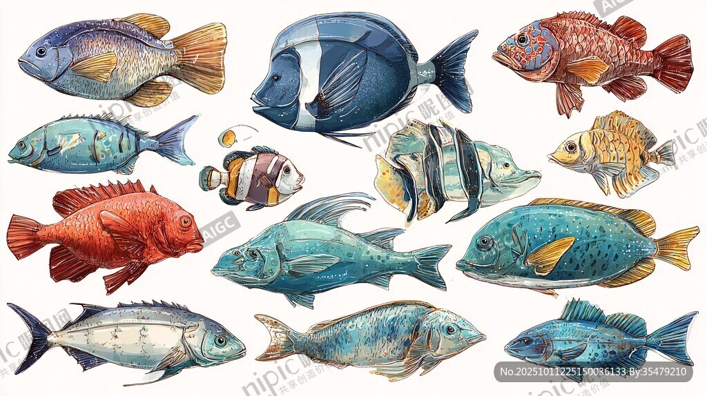 多彩海洋鱼类插画集合