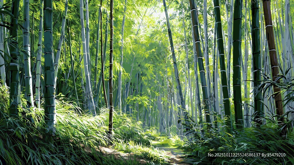 阳光洒落的静谧竹林小径