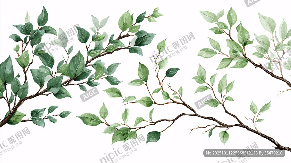 清新绿叶树枝水彩插画