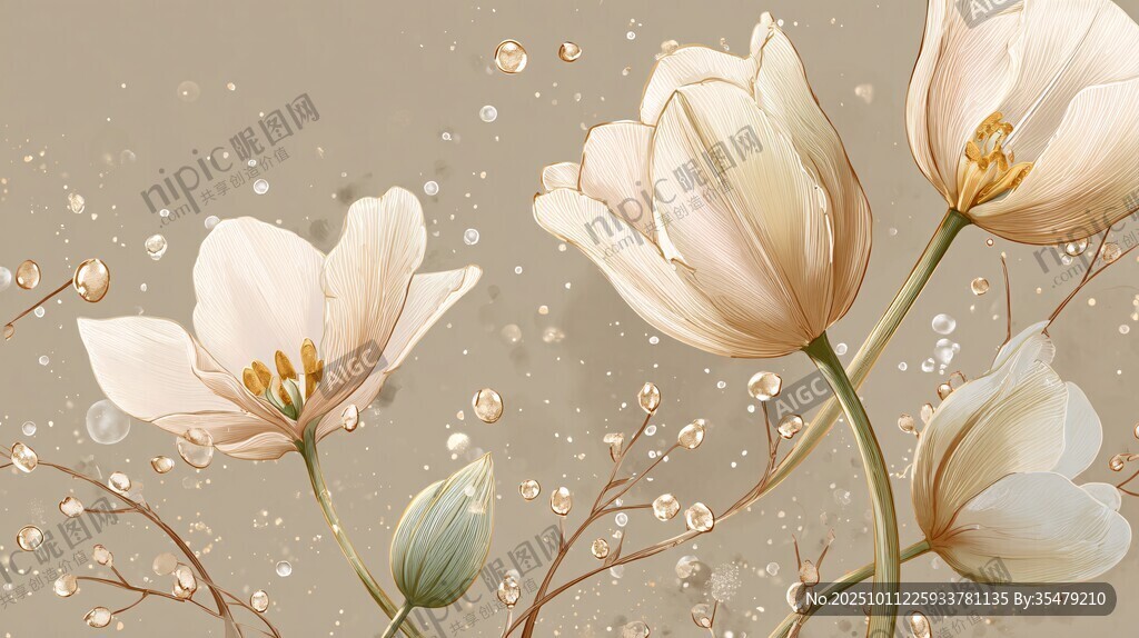 淡雅白色郁金香花卉插画