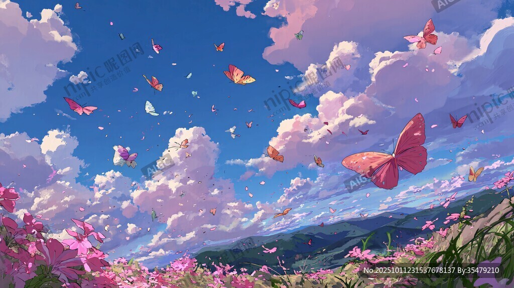 梦幻蝶舞花海天空之景