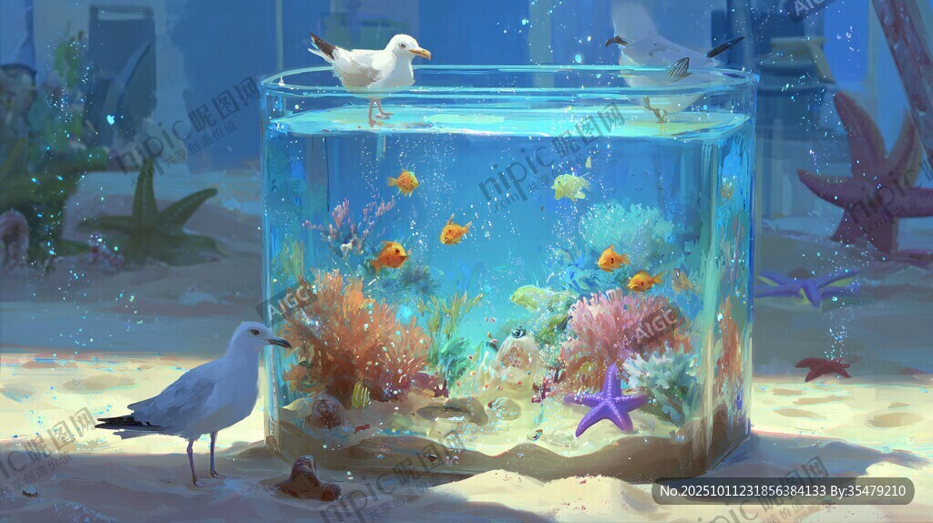 梦幻海底世界鱼缸插画