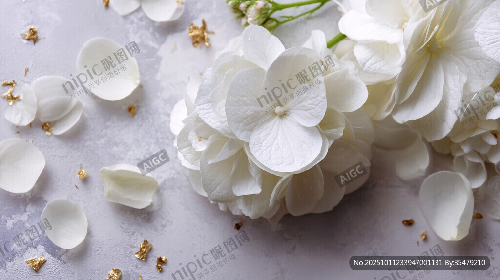 白色绣球花与散落花瓣