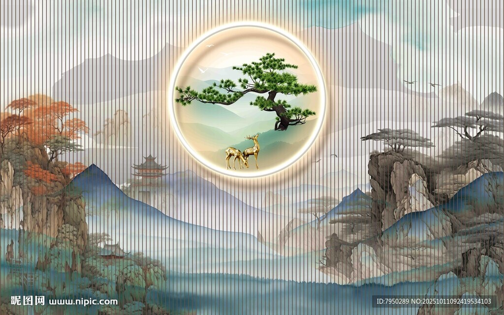 中式山水间的雅致松树图景