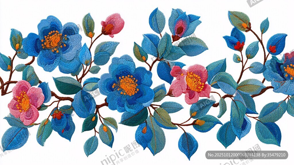 蓝粉花卉边饰图案设计