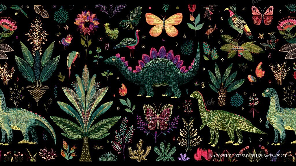 恐龙植物奇幻图案插画