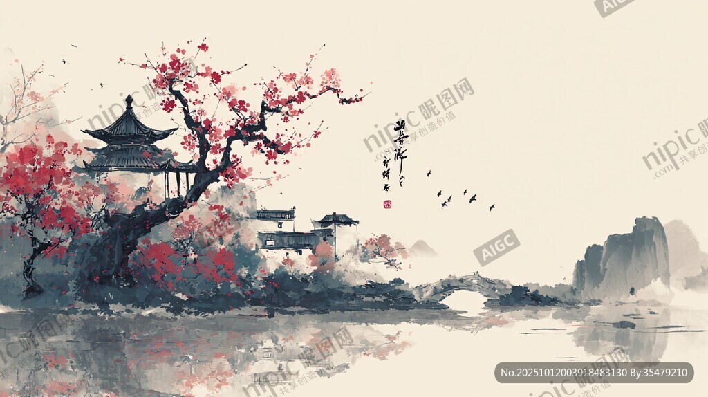 水墨春景中的亭台花树