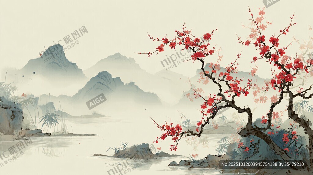 红梅映山水 诗意中国风