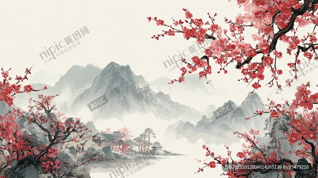 水墨红梅映山川美景