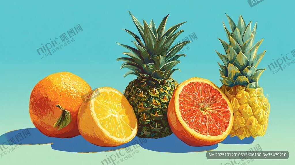 多彩柑橘与菠萝静物图