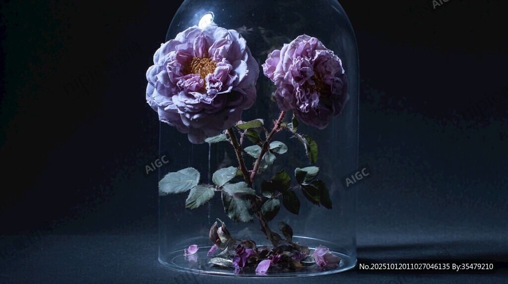 玻璃罩中的梦幻紫玫瑰