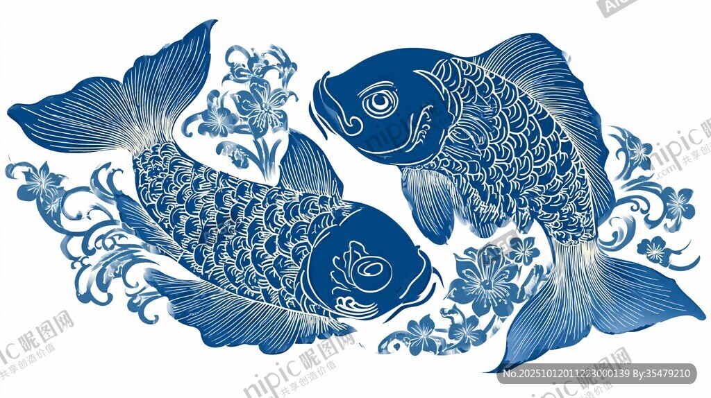 青花瓷双鱼图案装饰画