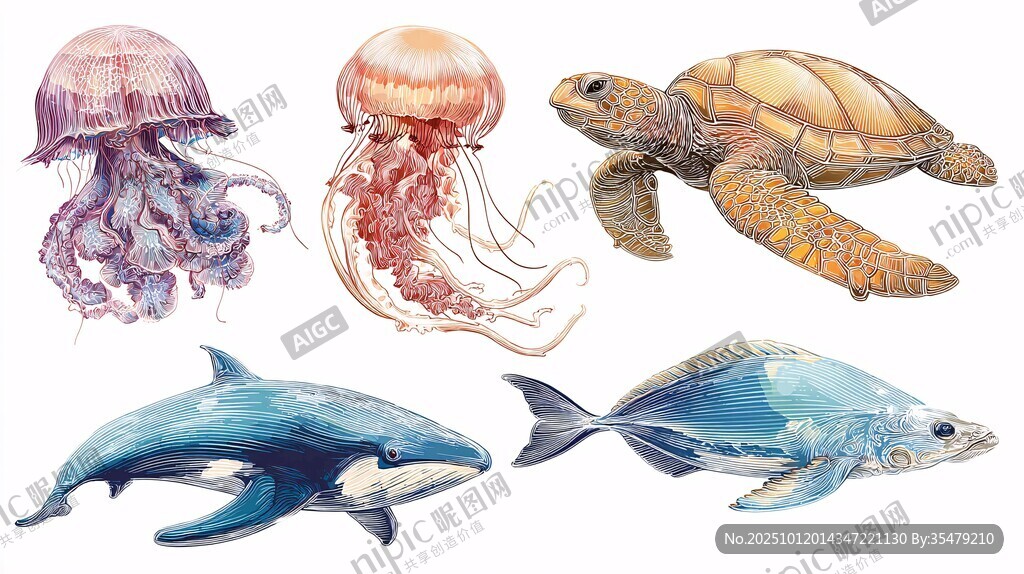 海洋生物水彩插画集合