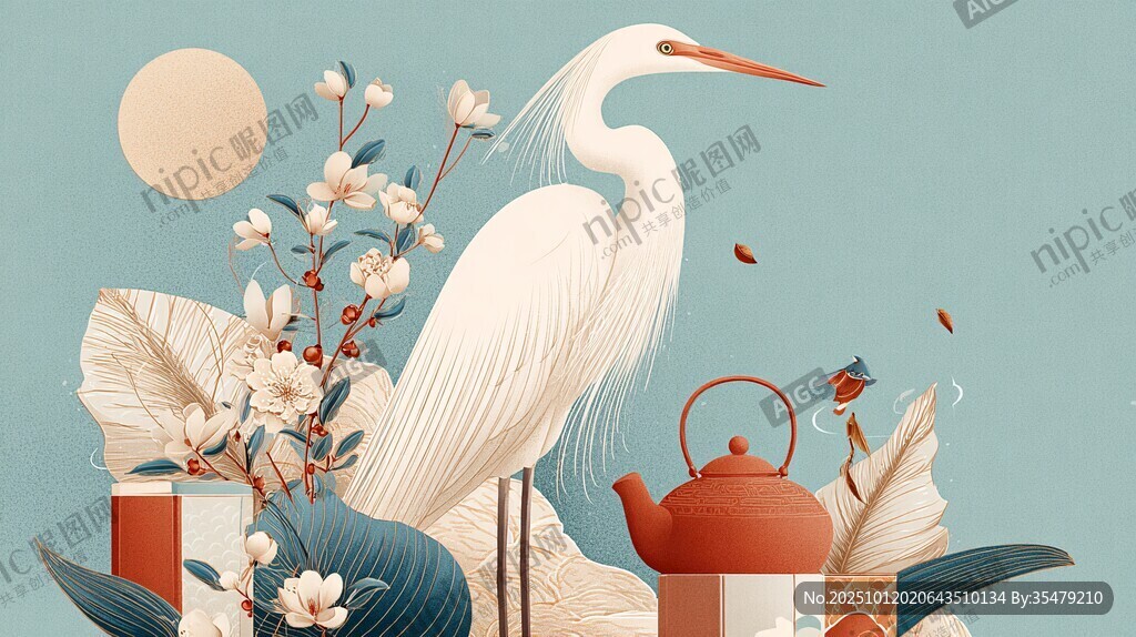白鹭伴花与茶具的雅致图景