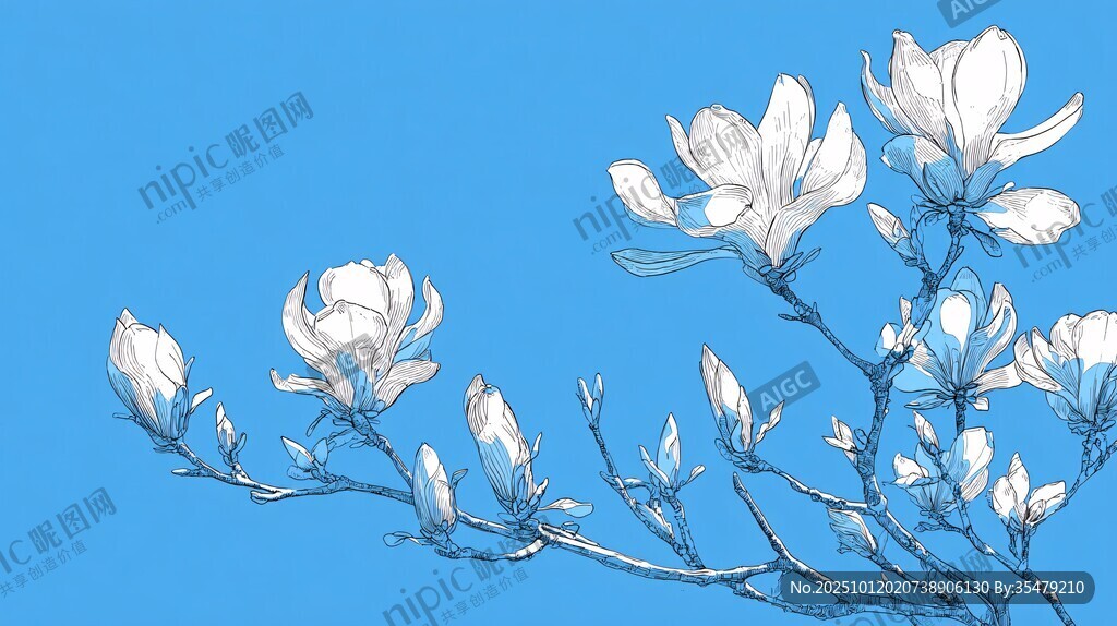 蓝天下的玉兰花枝
