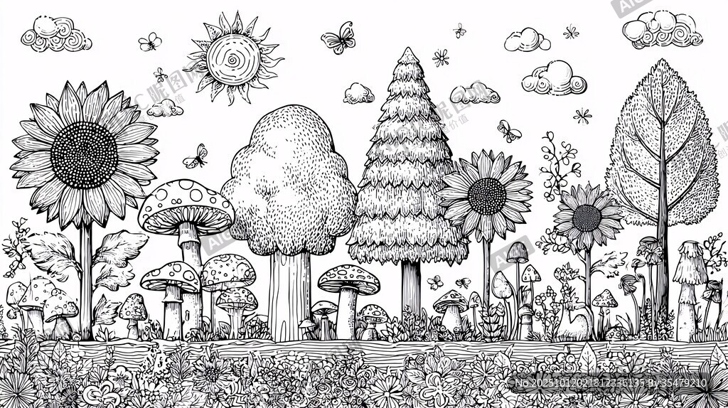 夏日森林黑白插画风景