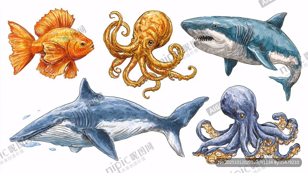 海洋生物水彩插画集合