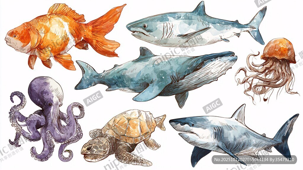 海洋生物水彩插画集合