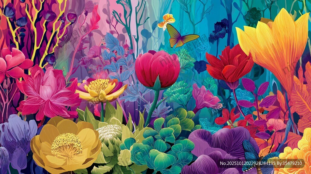 梦幻多彩花卉插画世界