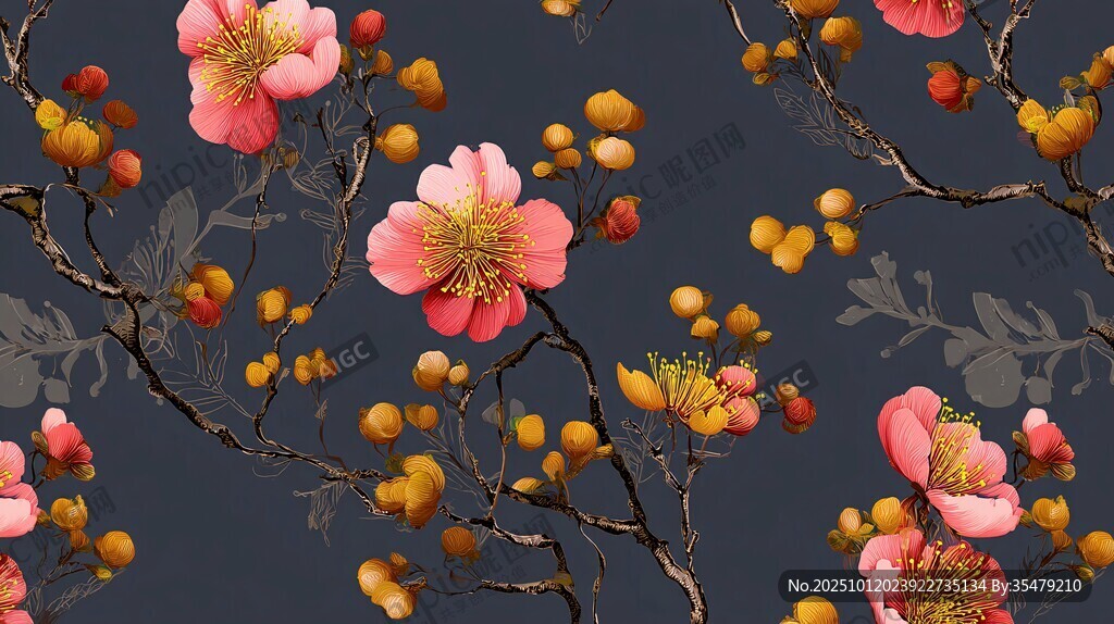 深蓝底花卉枝叶精美图案