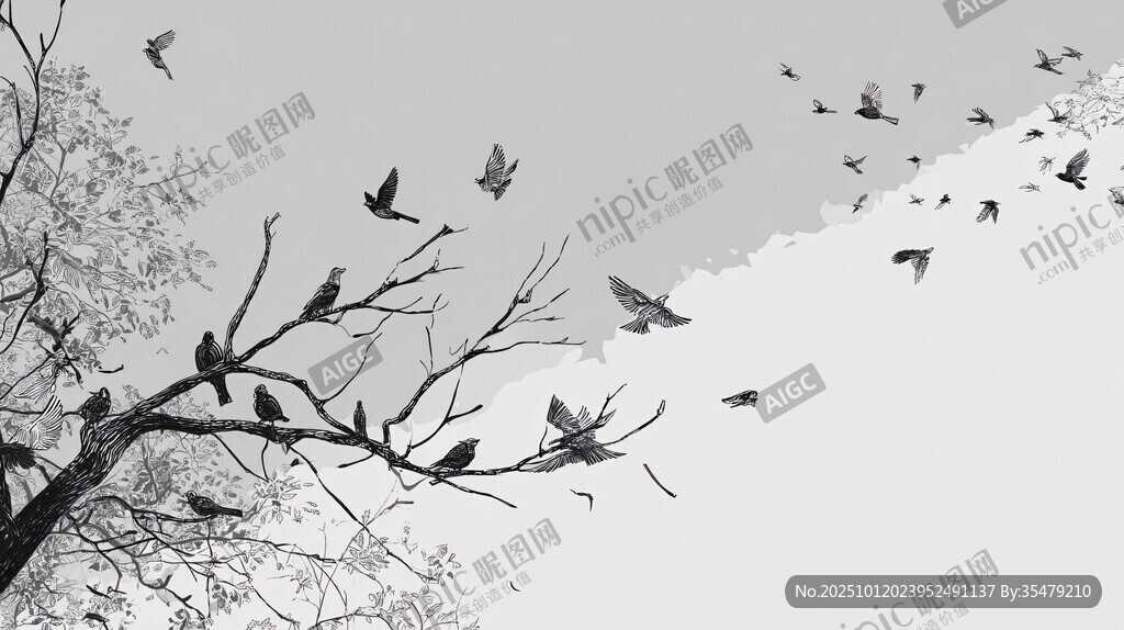 枝头飞鸟图